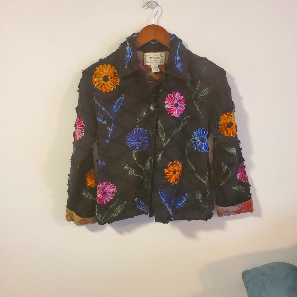 Tantrums embroidered cotton floral black jacket Size petite small eco chic